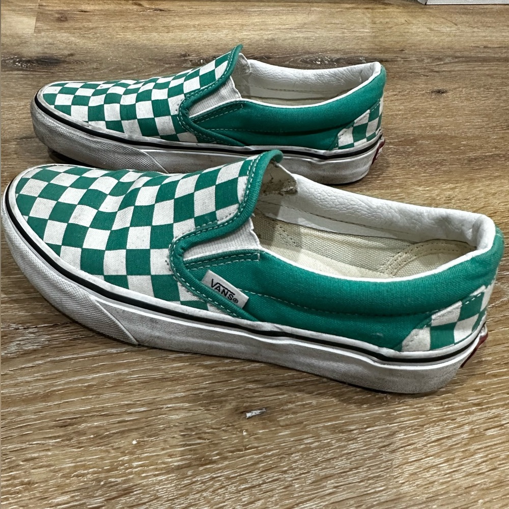 Vans checkered green slip ons